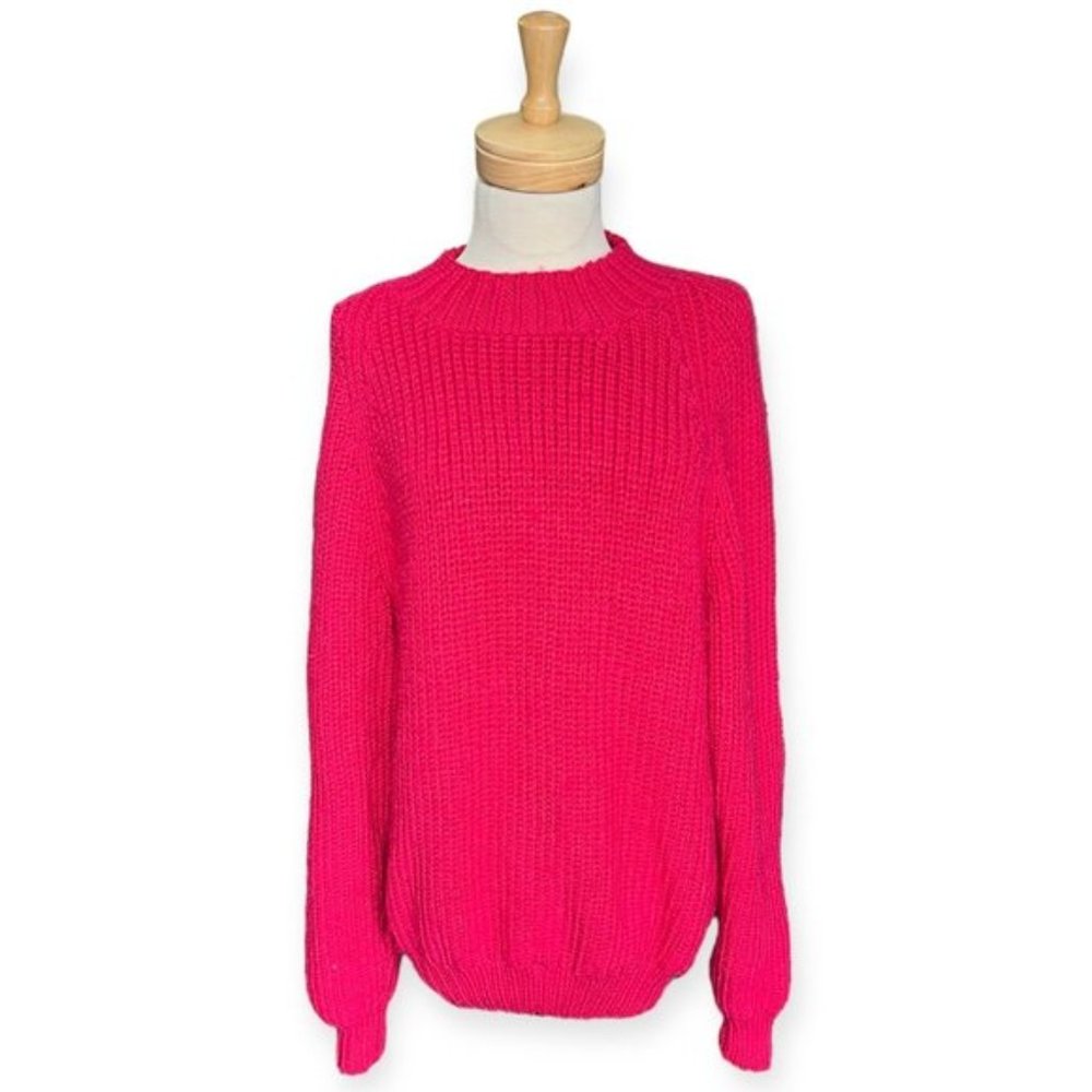 Oversized Hand Knit Red Women's Chunky Mock Neck Sweater. Size 2X-Large